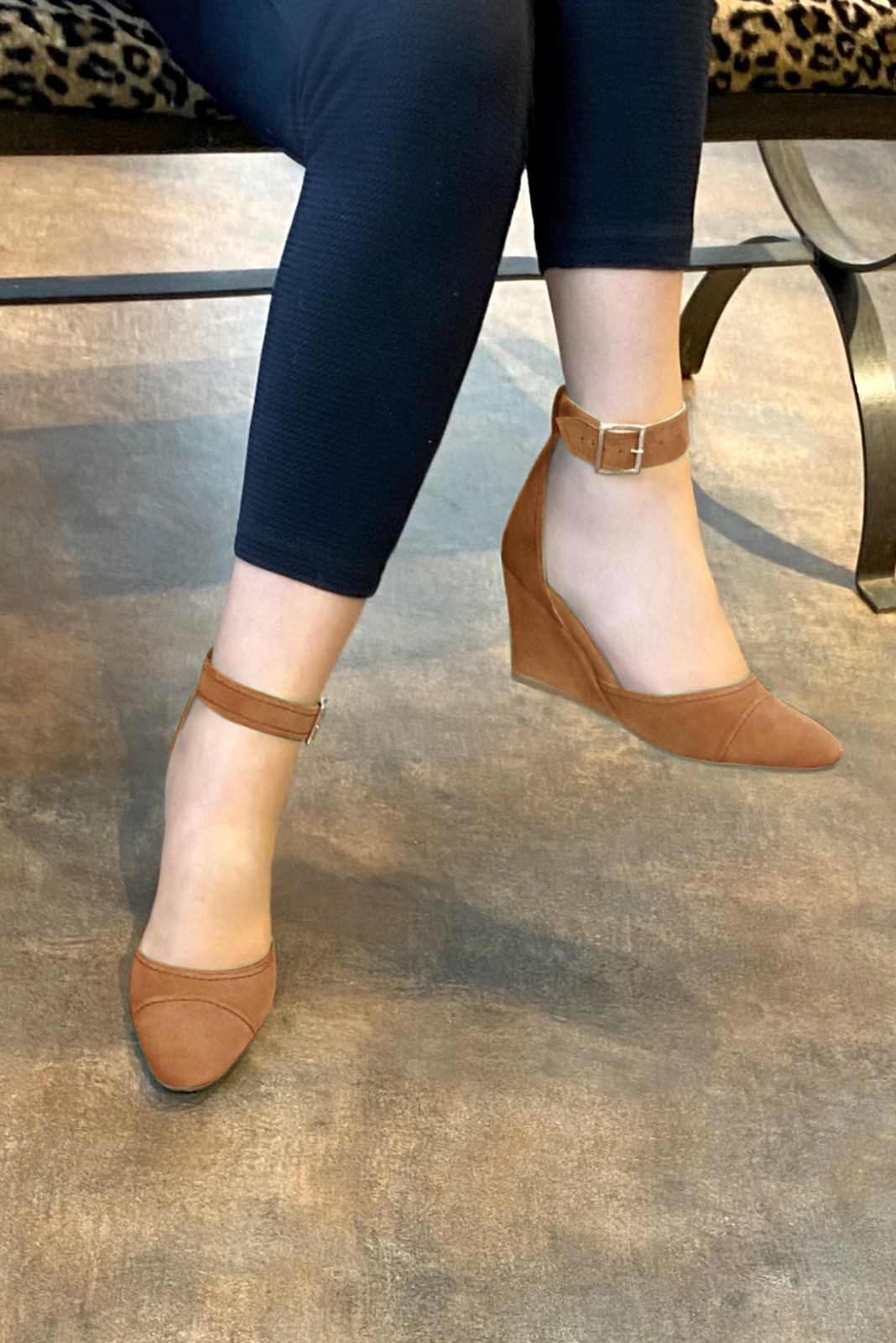 Camel beige women's open side shoes, with a strap around the ankle. Round toe. High wedge heels. Worn view - Florence KOOIJMAN